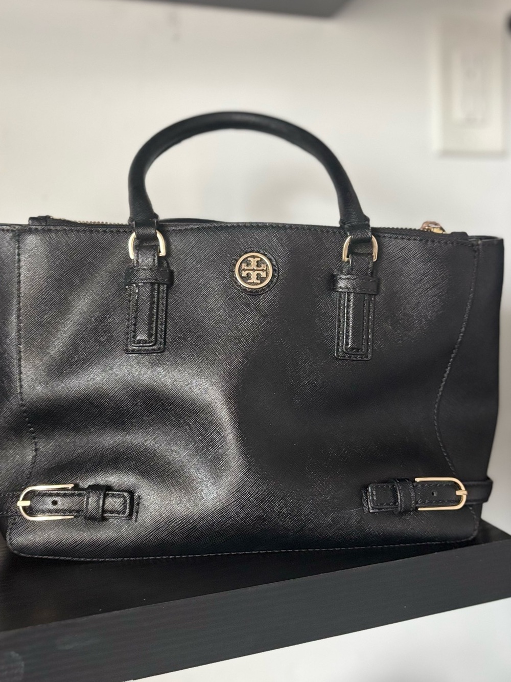Tory Burch Black Leather Satchel with Gold-Tone Logo